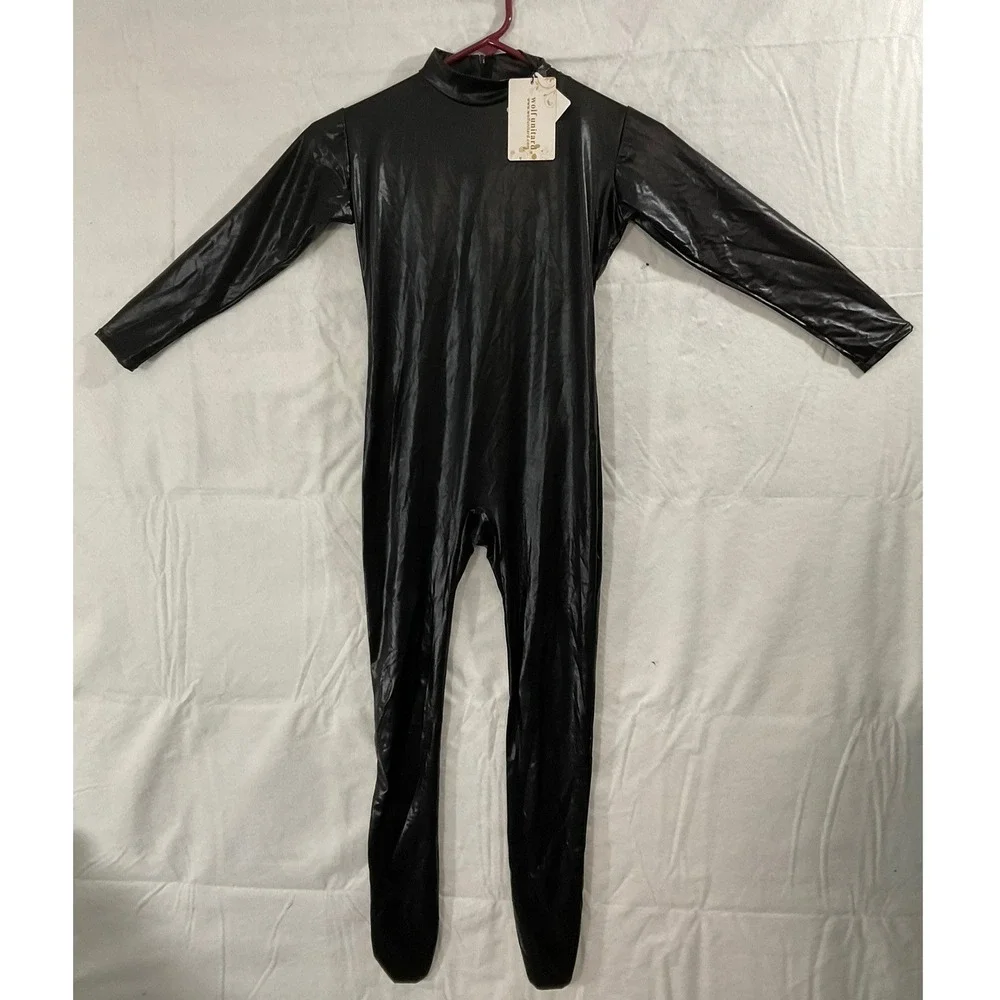Wolf Unitard Bodysuit Youth Small Black Metallic Shiny Footed Dance Cosplay NWT